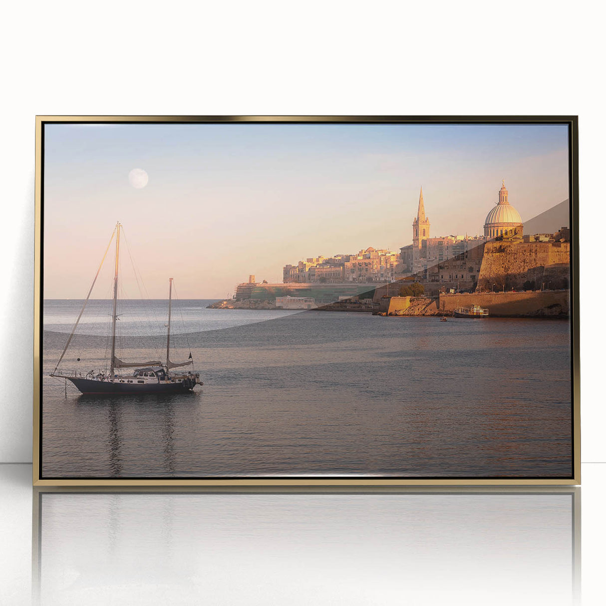 Art Deco poster of Malta scenery with vibrant blue and gold tones on framed acrylic, suitable for modern nursery wall decor.