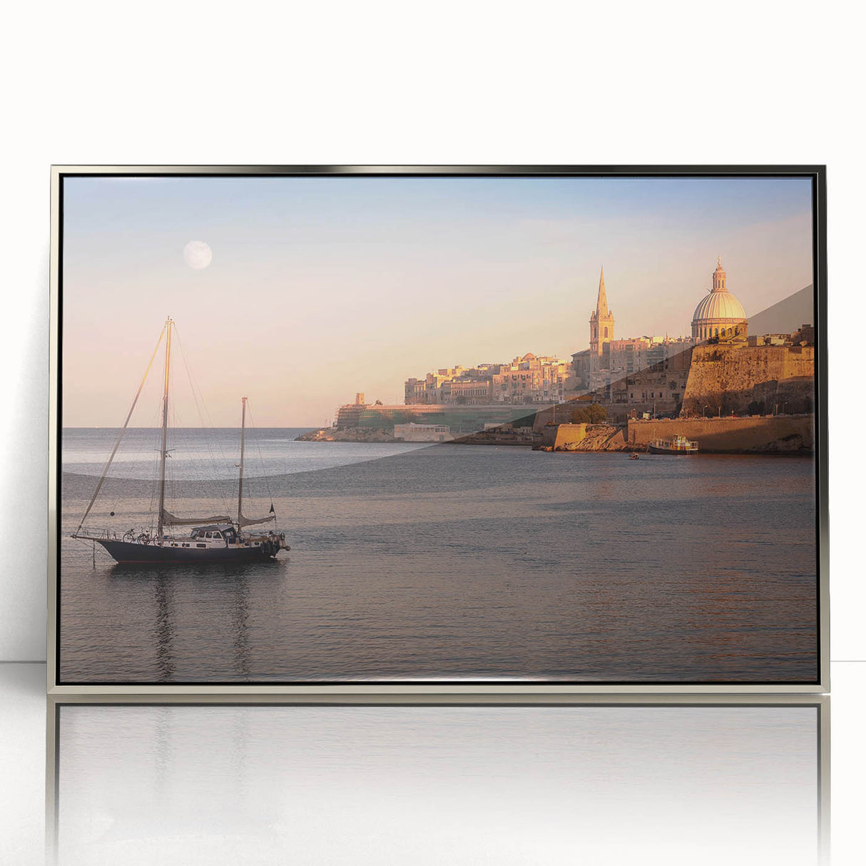 Large art print of a European Malta scenery in muted earth tones, framed in silver acrylic, ideal for modern art wall decor.