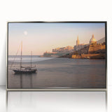 Large art print of a European Malta scenery in muted earth tones, framed in silver acrylic, ideal for modern art wall decor.