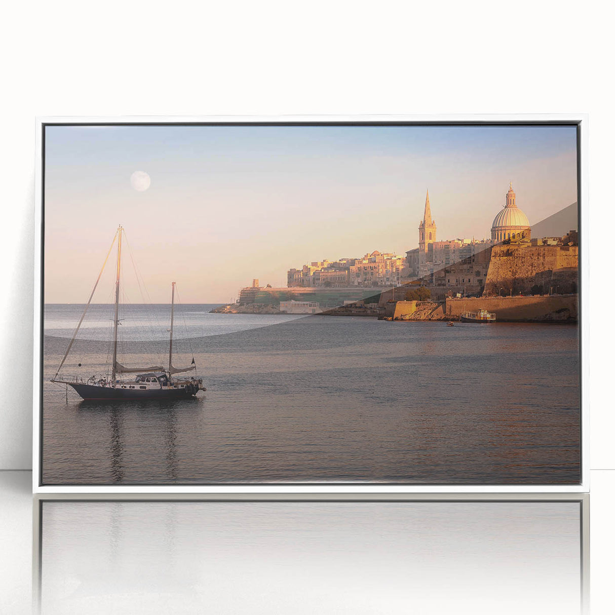 Mid-century modernist art depicting a serene Malta landscape in pastel shades on a framed acrylic.