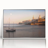 Mid-century modernist art depicting a serene Malta landscape in pastel shades on a framed acrylic.