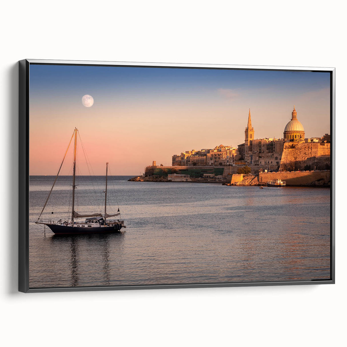 Black and white framed canvas depicting a vintage European Malta landscape, ideal for bedroom wall art.