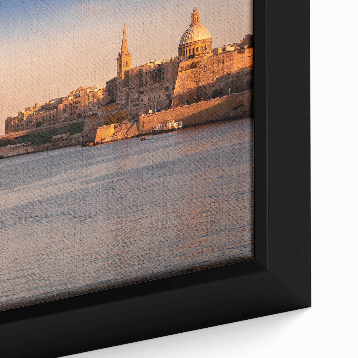 Extra large black wall art with a textured depiction of a colorful Malta scenery on a framed canvas.