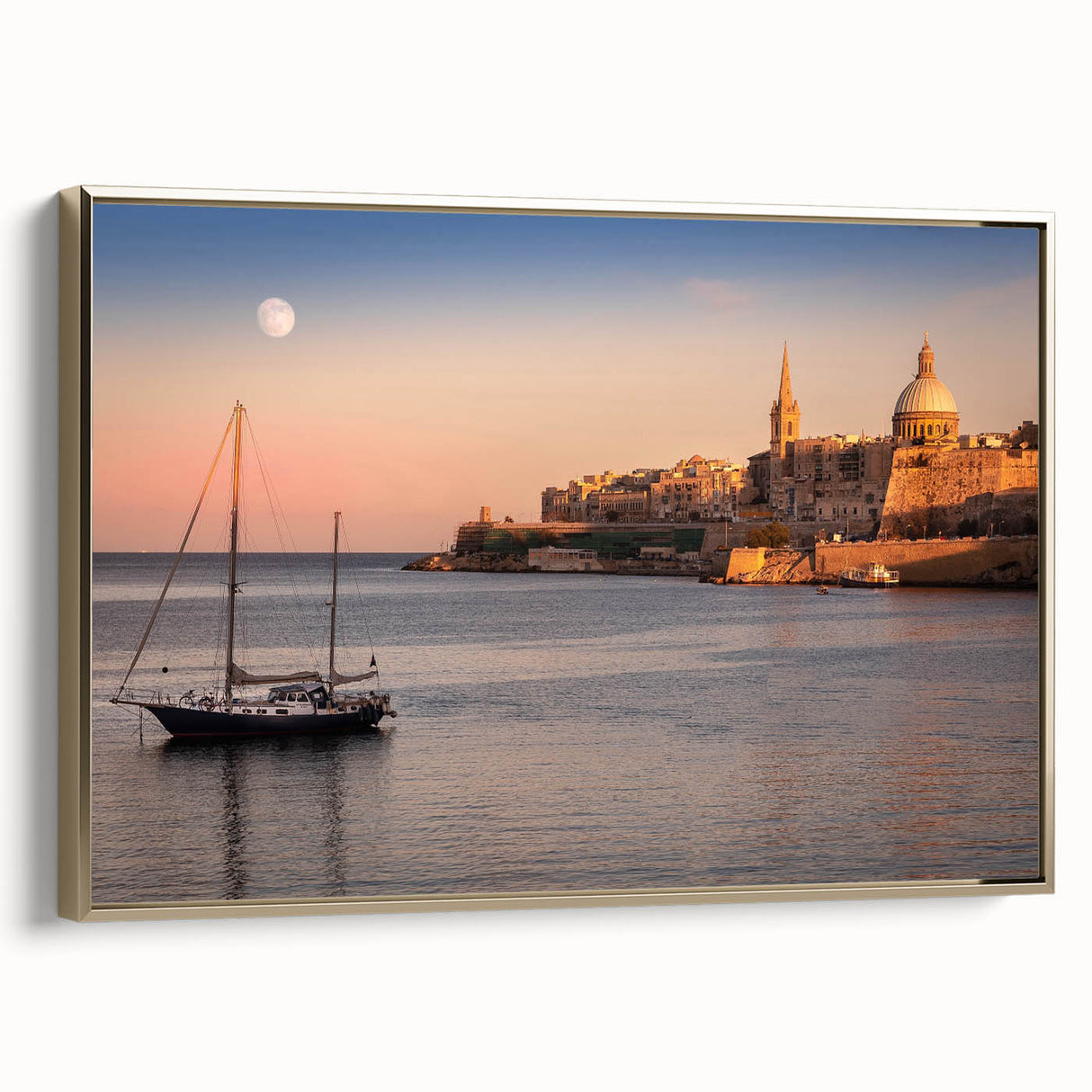 Framed canvas depicting a vintage-style Malta landscape in muted gold and black tones, suitable for bedroom wall art.