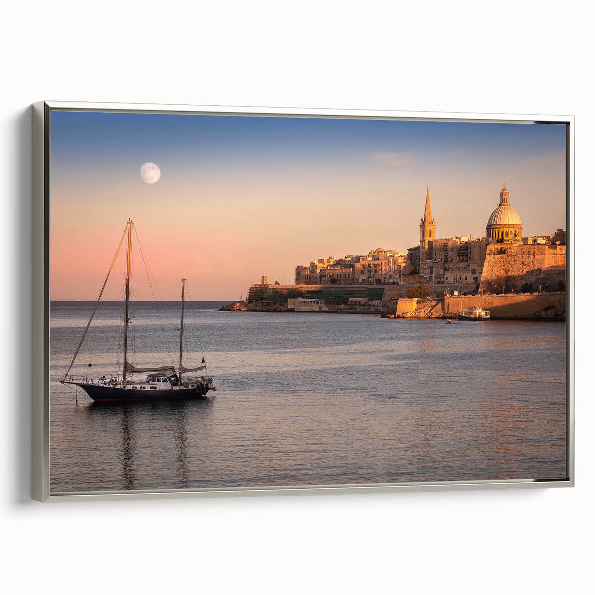 Framed canvas landscape art painting depicting a colorful Malta scenery in vintage poster style, ideal for living room decor.
