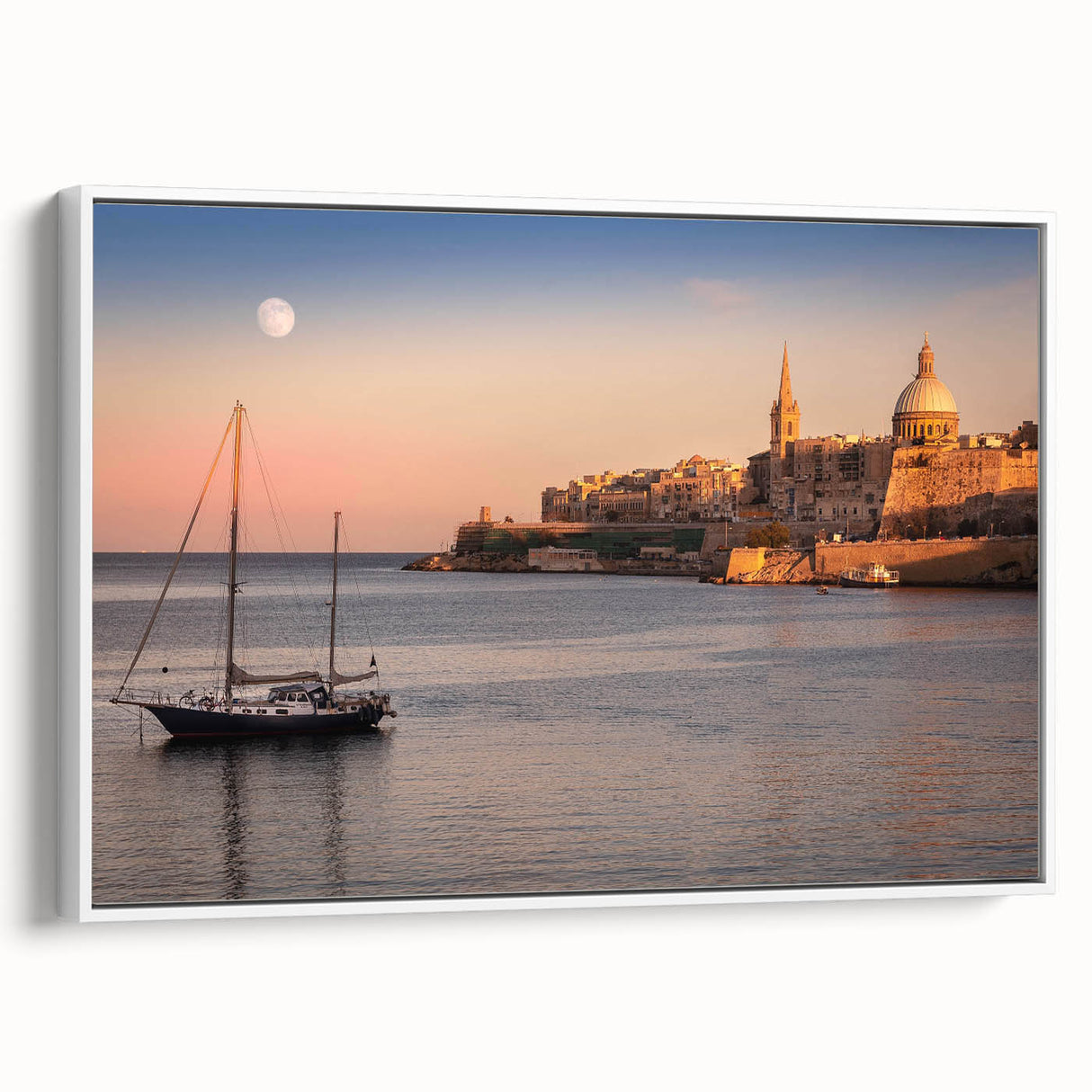 Vintage poster art of a scenic Malta landscape in vibrant colors on a framed canvas, ideal for living room decor.