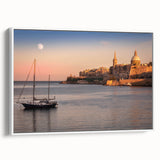 Vintage poster art of a scenic Malta landscape in vibrant colors on a framed canvas, ideal for living room decor.