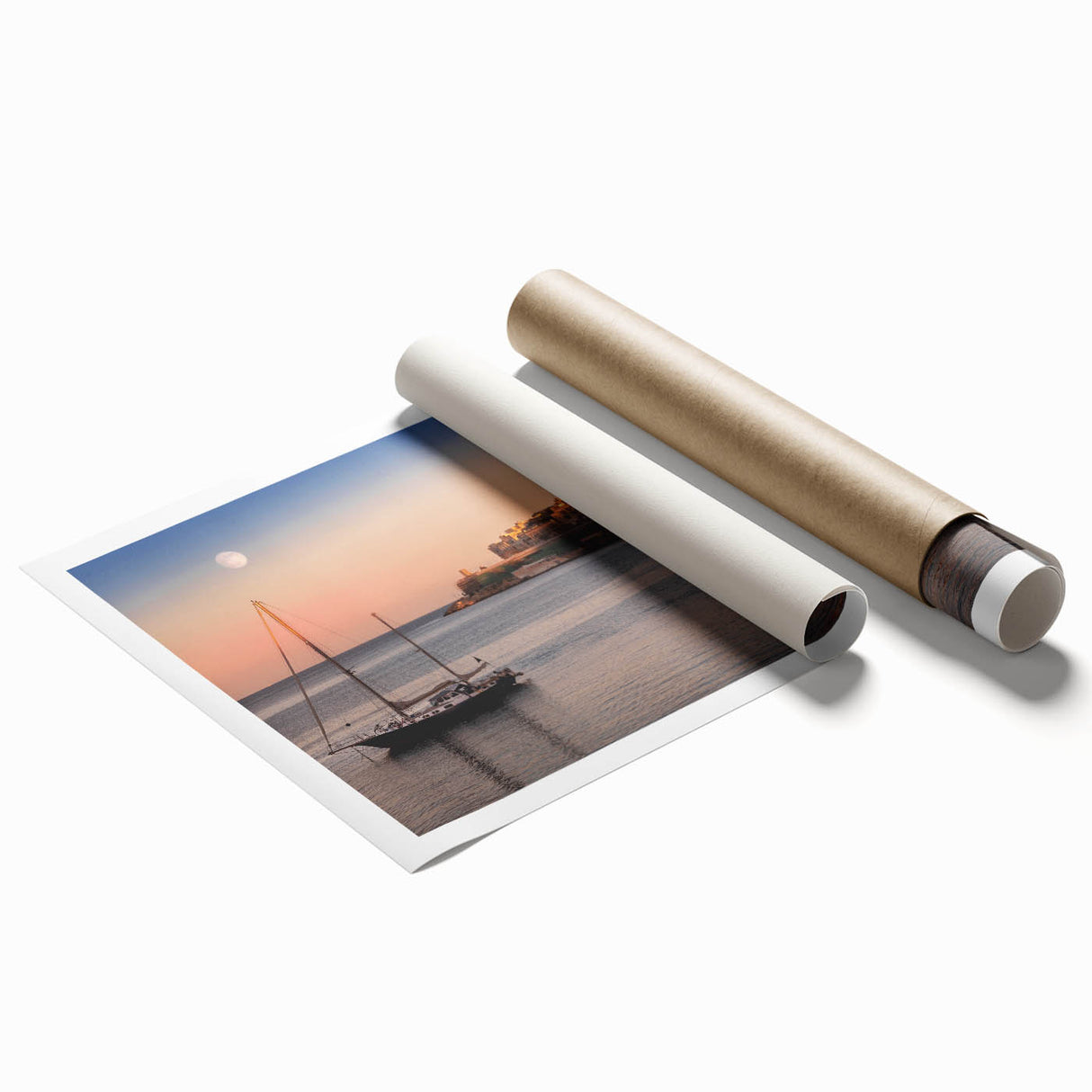 Large rolled print of a Maltese coastal scene with soft pastel colors, ideal for classy bathroom wall art.