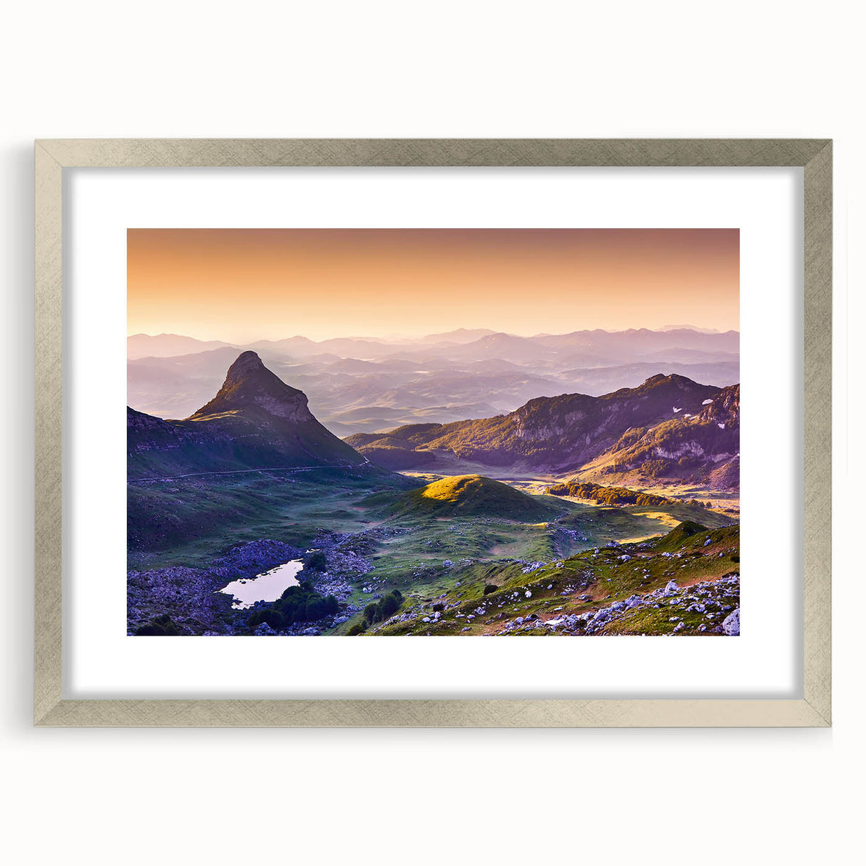 Extra large abstract art print of a Montenegro scenery in pastel shades, framed in silver, ideal for living room decor.