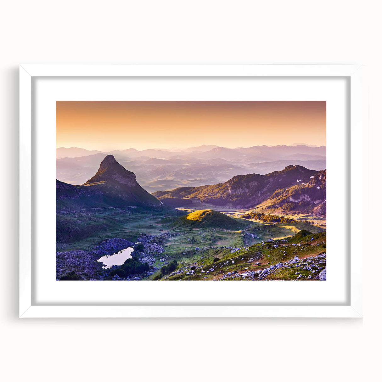 Textured art print of an abstract Montenegro landscape in muted earth tones on a framed white mat.