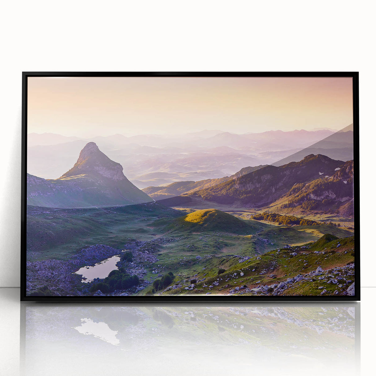 Large abstract wall art depicting a European scenery in Montenegro, framed in black acrylic.