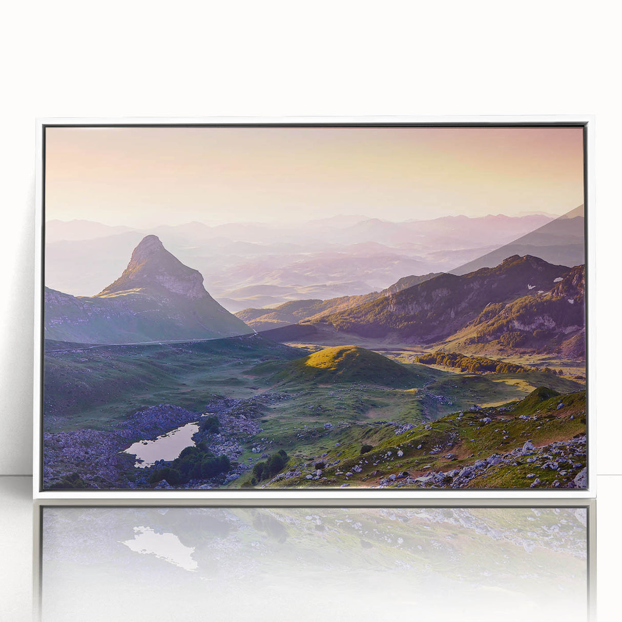 Mid-century modernist art depicting a scenic European landscape in Montenegro, framed in white acrylic.