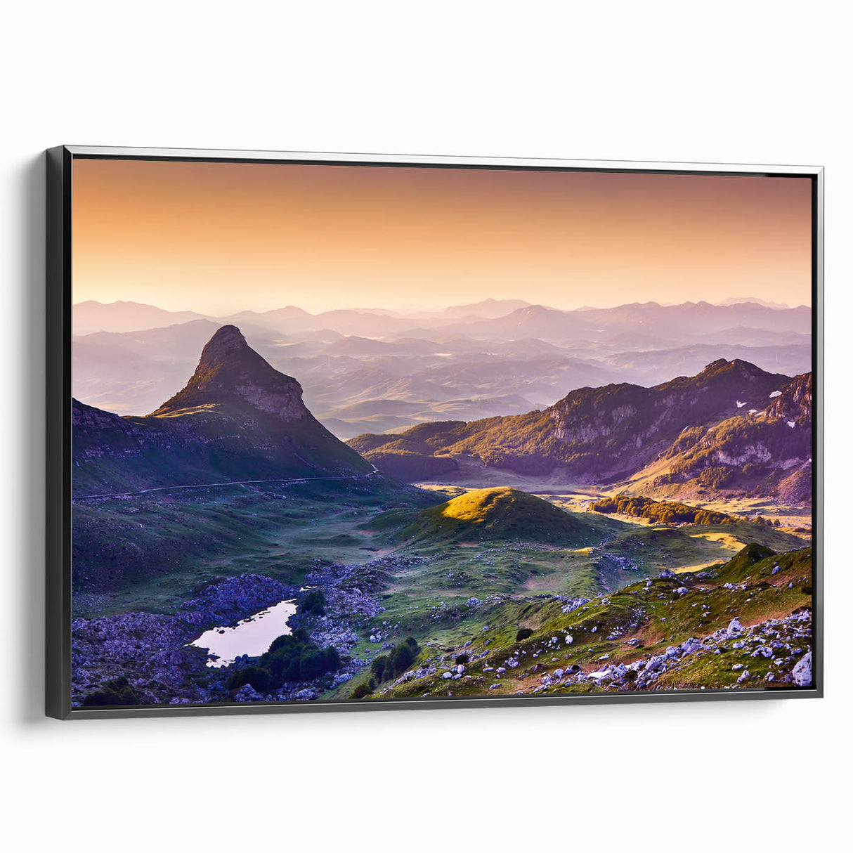 Black and white framed canvas depicting a vintage Montenegro landscape, ideal for bedroom wall art.