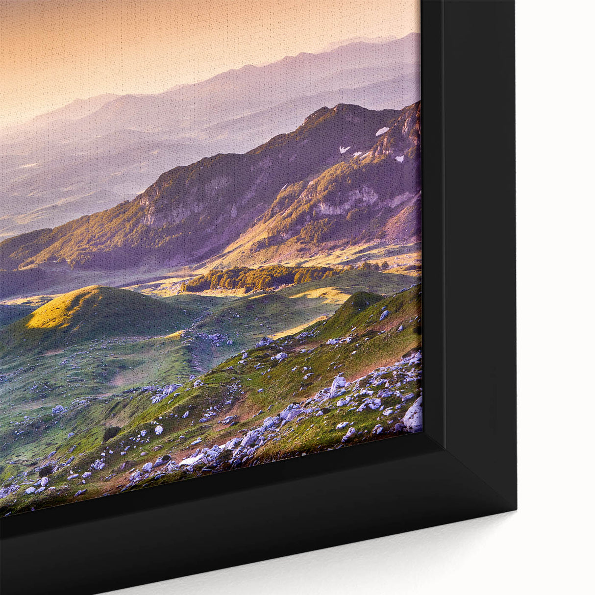 Extra large framed canvas of a textured Montenegro scenery in black with colorful art accents, ideal for living room decor.