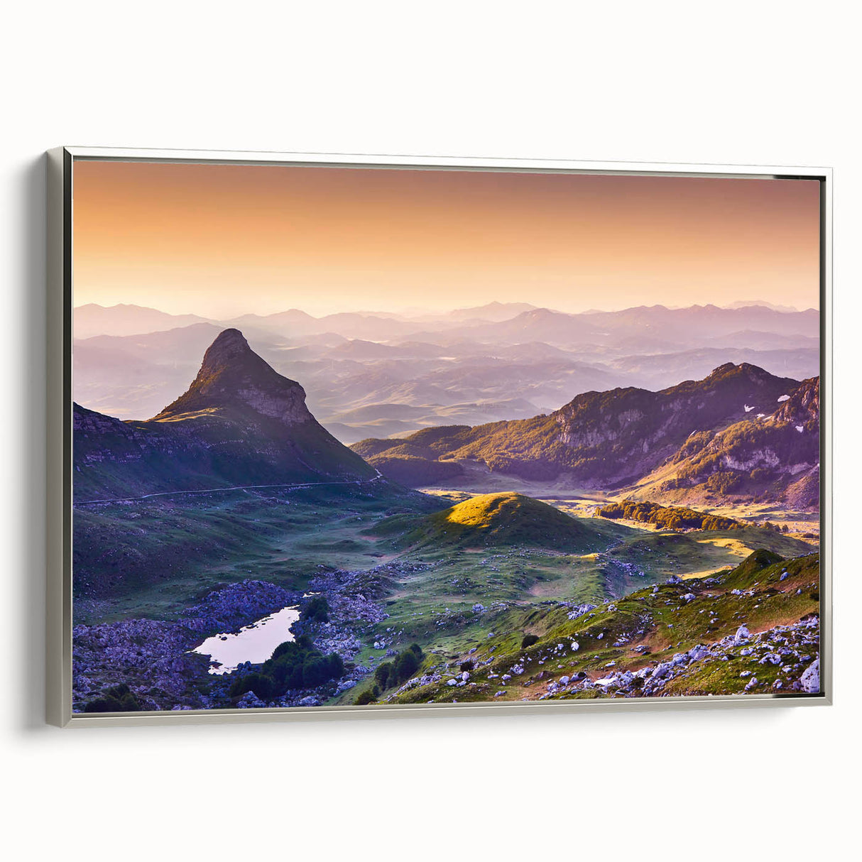 Framed canvas depicting a vintage-style landscape of Montenegro with vibrant colors on a black background.