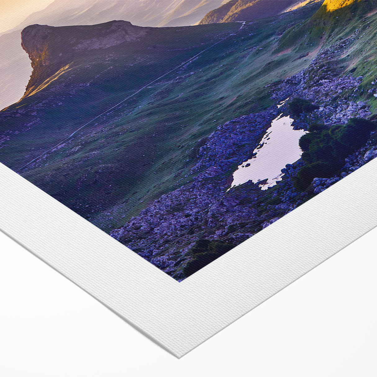 Art Deco poster of Montenegro scenery in muted blue and beige tones on rolled canvas, suitable for dining room wall art.