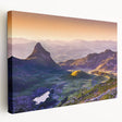 Large art depicting a scenic Montenegro landscape on stretched canvas, in vivid blue and green tones.
