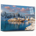 Acrylic print of a serene Norwegian landscape in muted green and blue tones, ideal for bedroom or dining room decor.