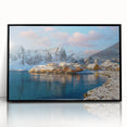 Large abstract wall art depicting a Scandinavian fjord in muted blue and green tones, framed in black acrylic.