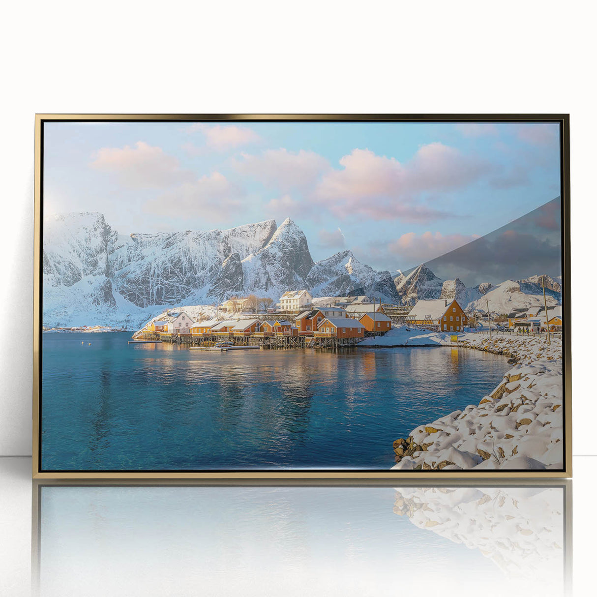 Art deco poster of a Norwegian scenery in muted gold and blue tones, framed acrylic, ideal for modern art wall decor.