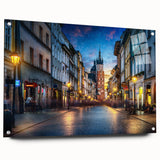 Acrylic print of a European landscape in muted green and blue tones, suitable for bedroom or dining room decor.