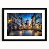 Textured abstract art print depicting a European scenery in muted earth tones, framed in black, suitable for bedroom decor.