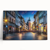 Black and white photograph of a European cityscape on a large stretched canvas, ideal for kitchen wall art.