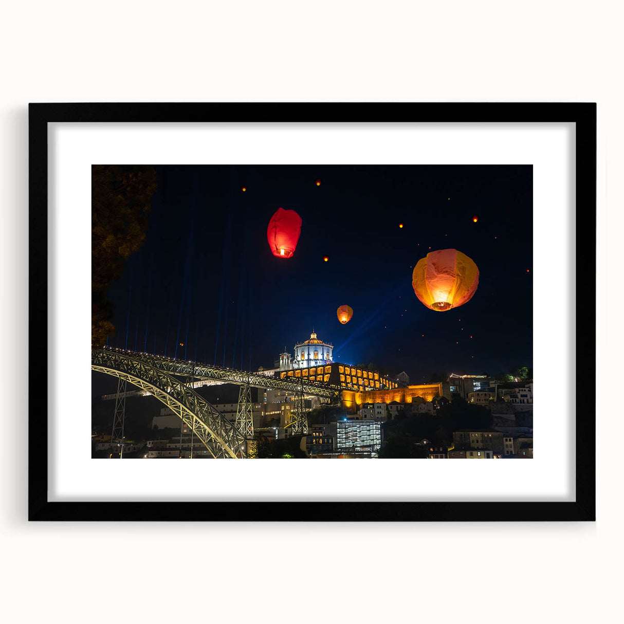 Colorful art of Porto, Portugal with abstract, textured design in a black frame, ideal for living room decor.