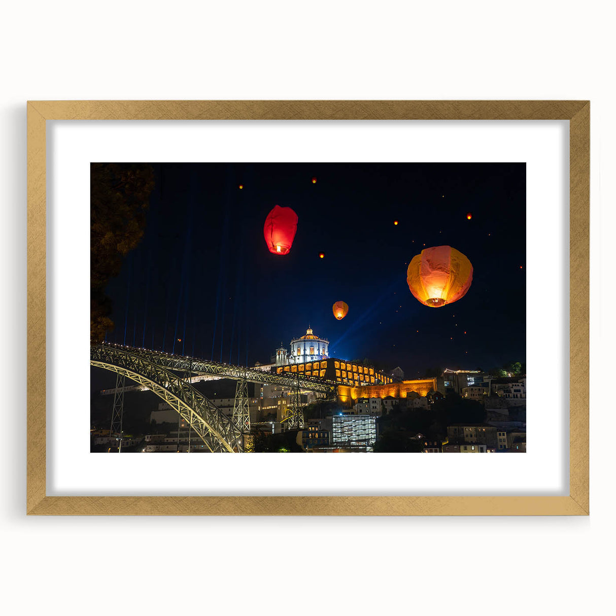 Abstract art print of Porto scenery in gold frame with mat, featuring muted earth tones, ideal for dining room decor.