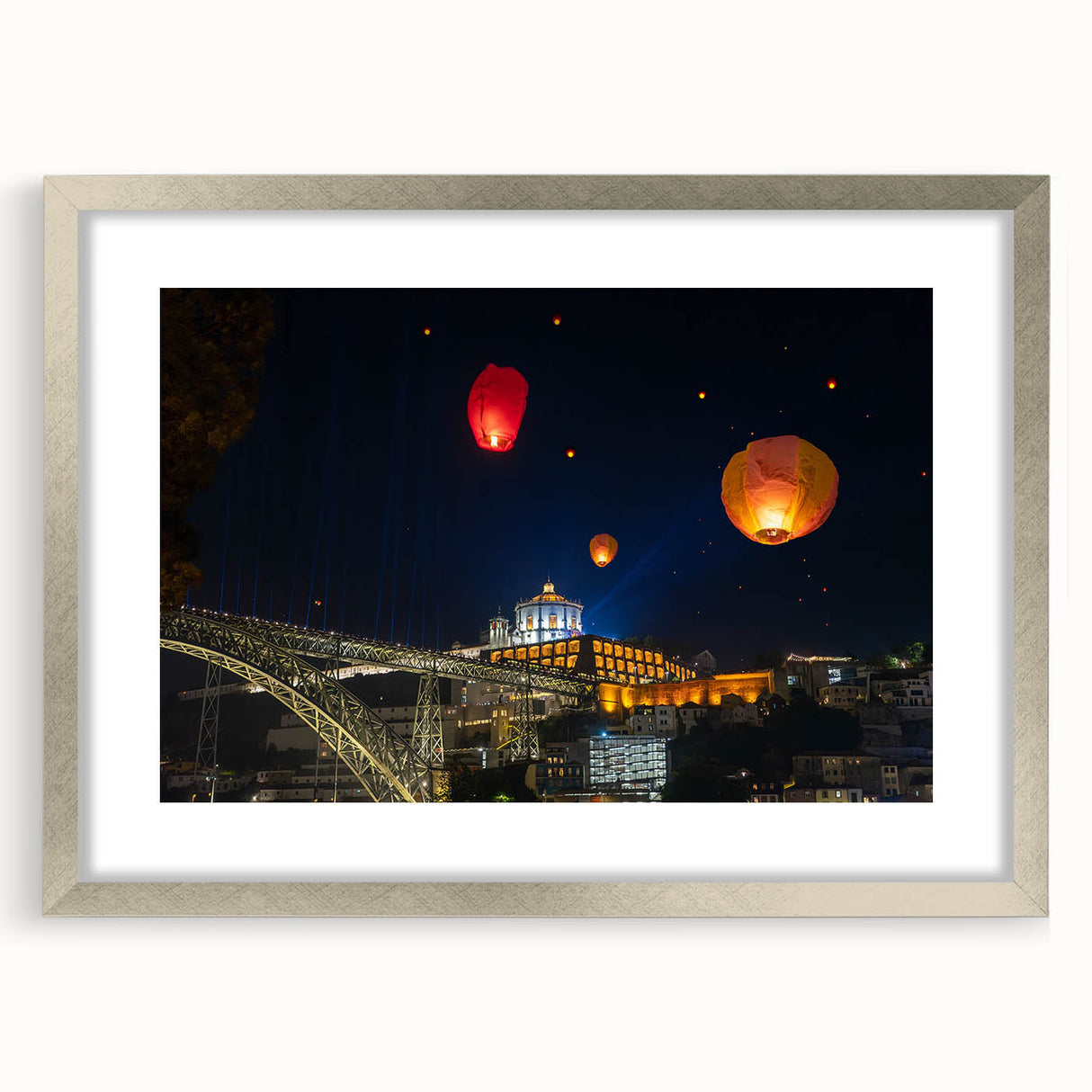 Extra large abstract art print of Porto scenery in muted earth tones on a textured canvas, framed in silver.