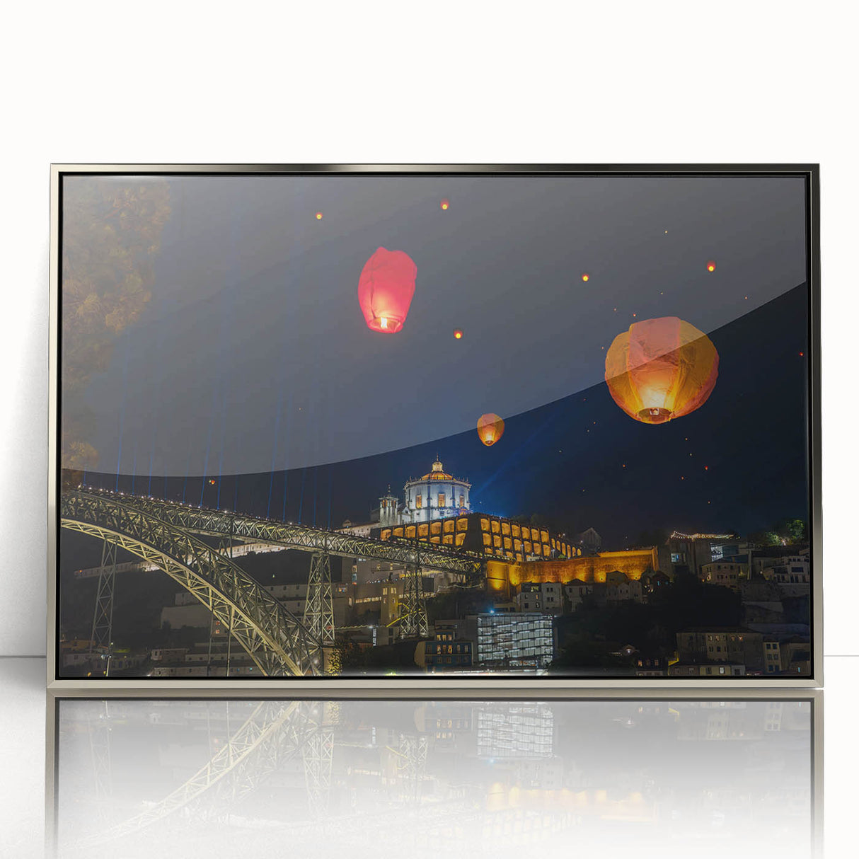 Mid-century modernist Porto scenery on large acrylic print with silver frame, suited for modern art wall decor.