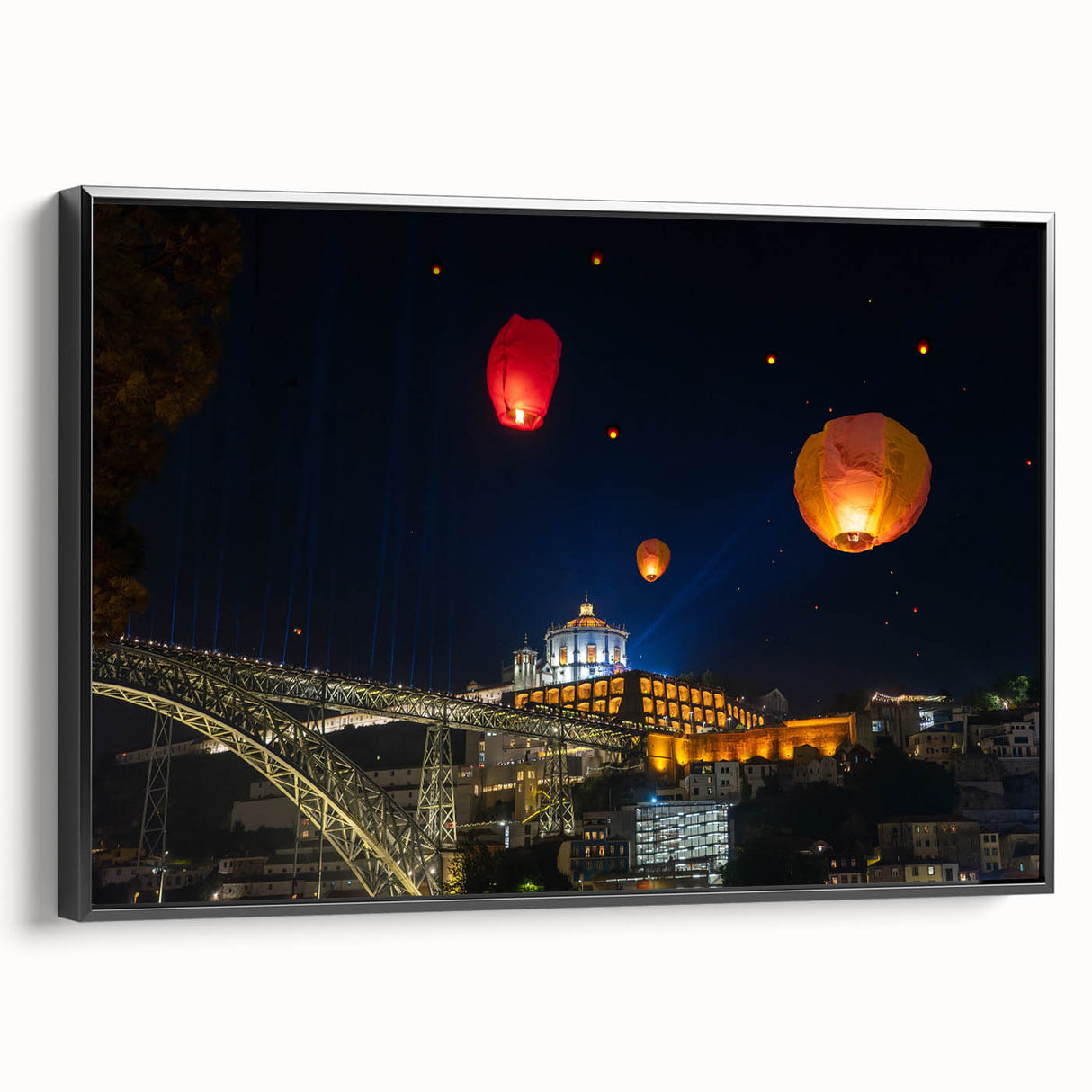 Black and white framed canvas of Porto, Portugal landscape in vintage poster style, ideal for bedroom wall art.