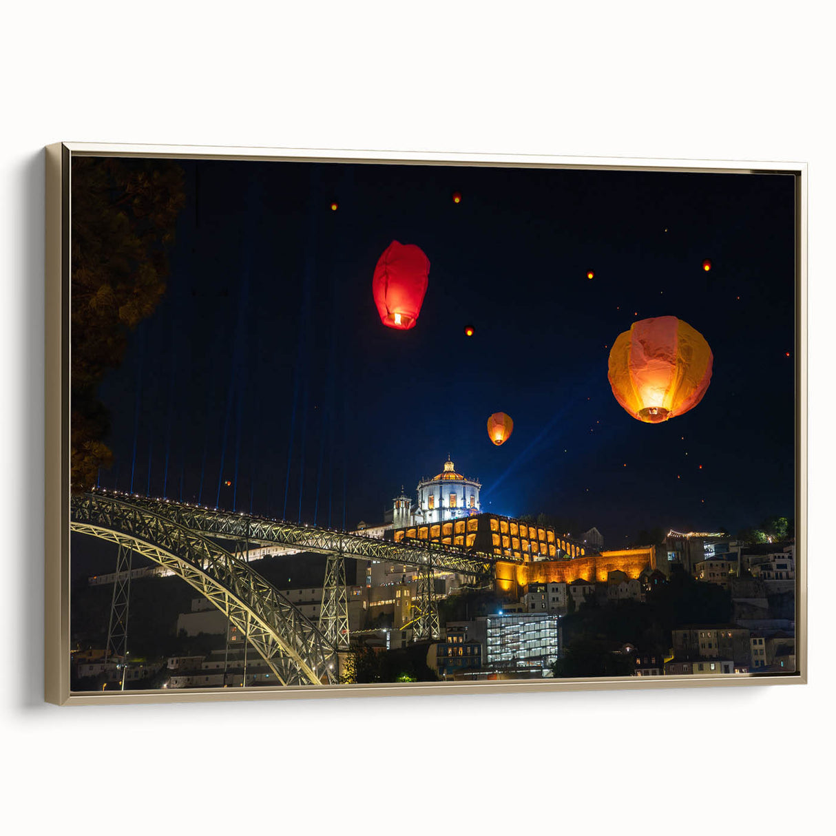 Landscape painting of Porto, Portugal on framed canvas, featuring vintage-style black and gold tones.