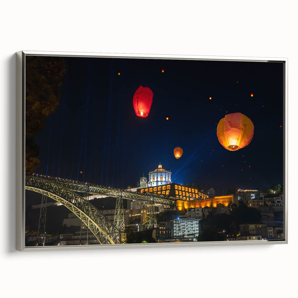Framed canvas depicting a colorful Porto landscape with vintage poster elements, ideal for living room decor.