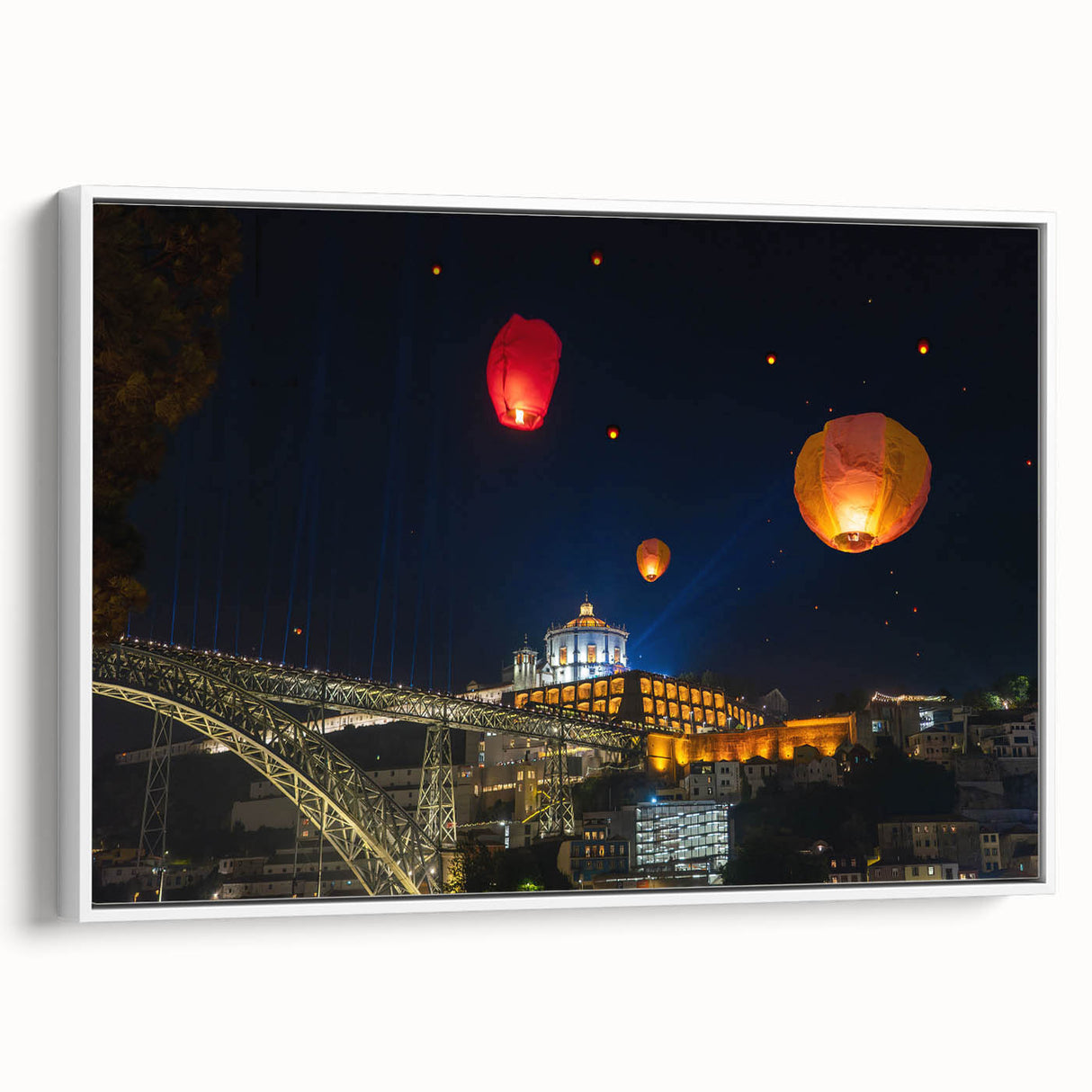 Vintage poster art of Porto, Portugal in vibrant colors on extra-large framed canvas, ideal for living room decor.