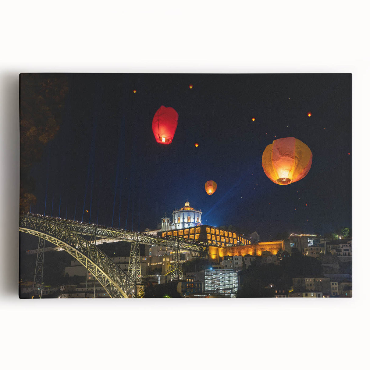 Black and white large art print of Porto's cityscape on stretched canvas, ideal for kitchen wall art or bedroom decor.
