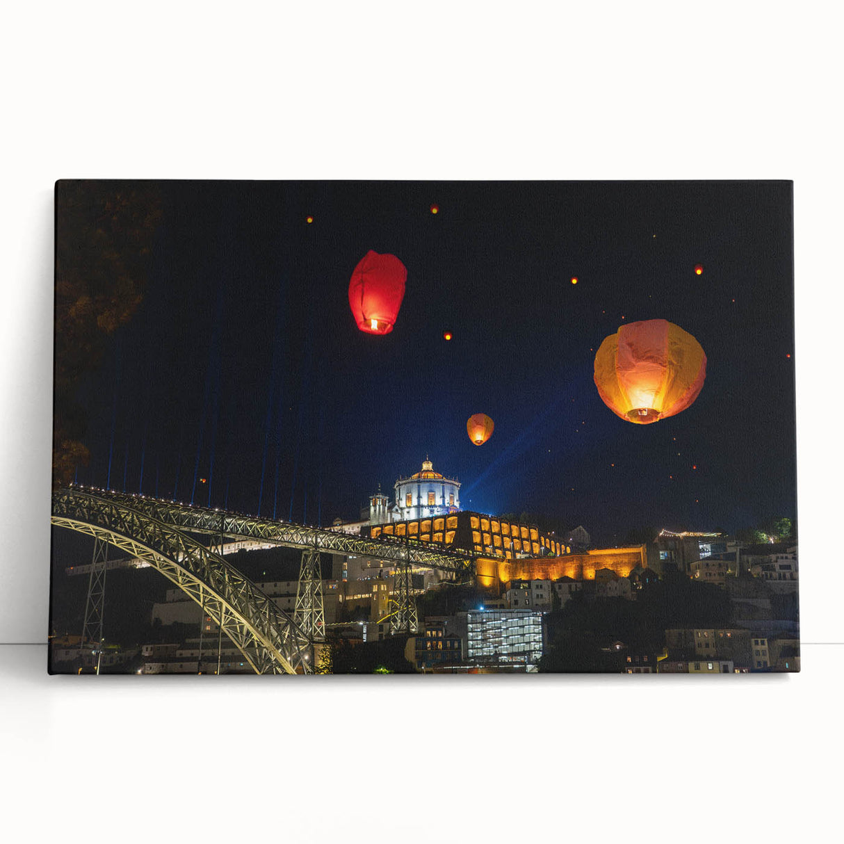 Black and white stretched canvas of Porto, Portugal skyline, ideal for kitchen wall art.