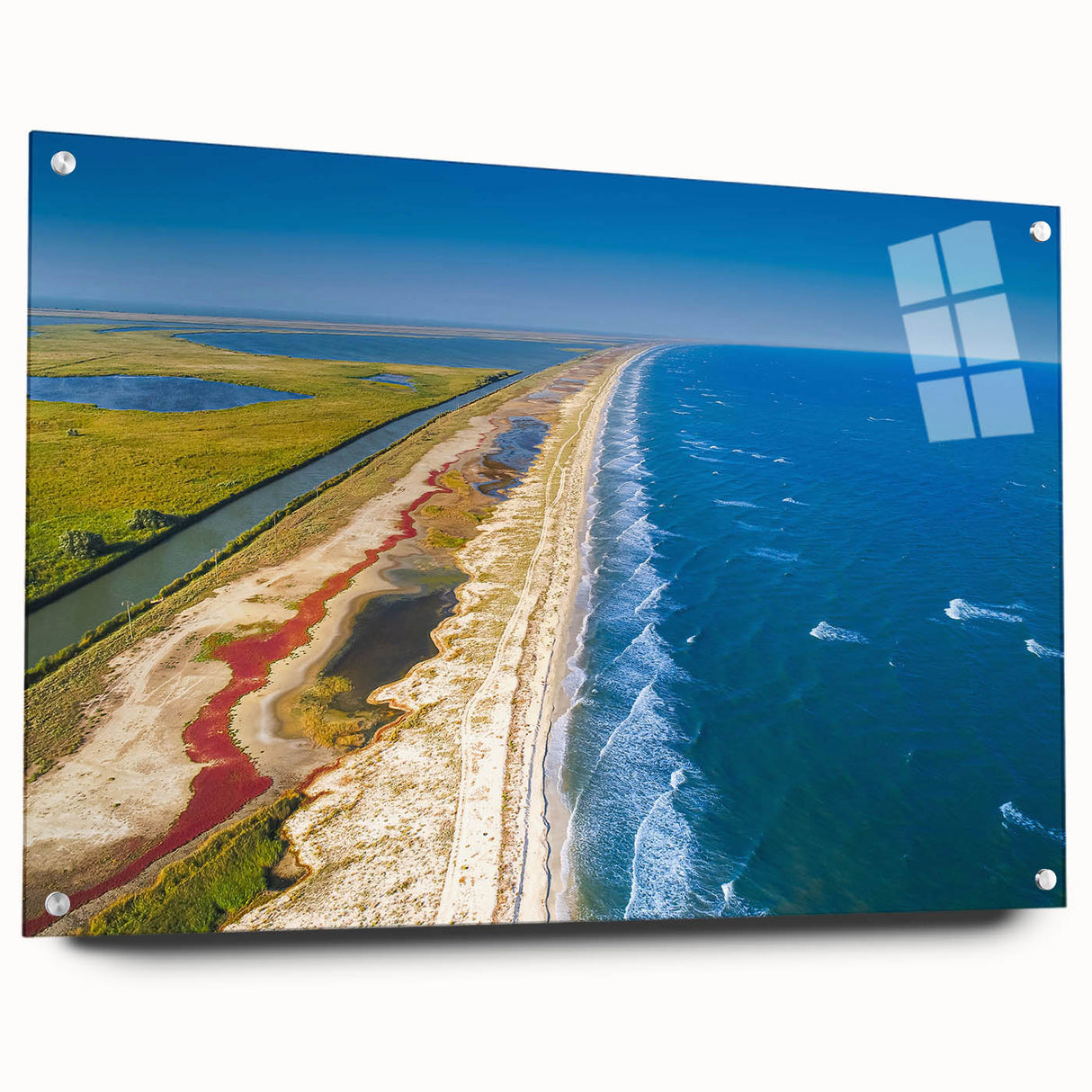 Large abstract wall art depicting a Romanian landscape in muted earth tones, printed on acrylic glass.