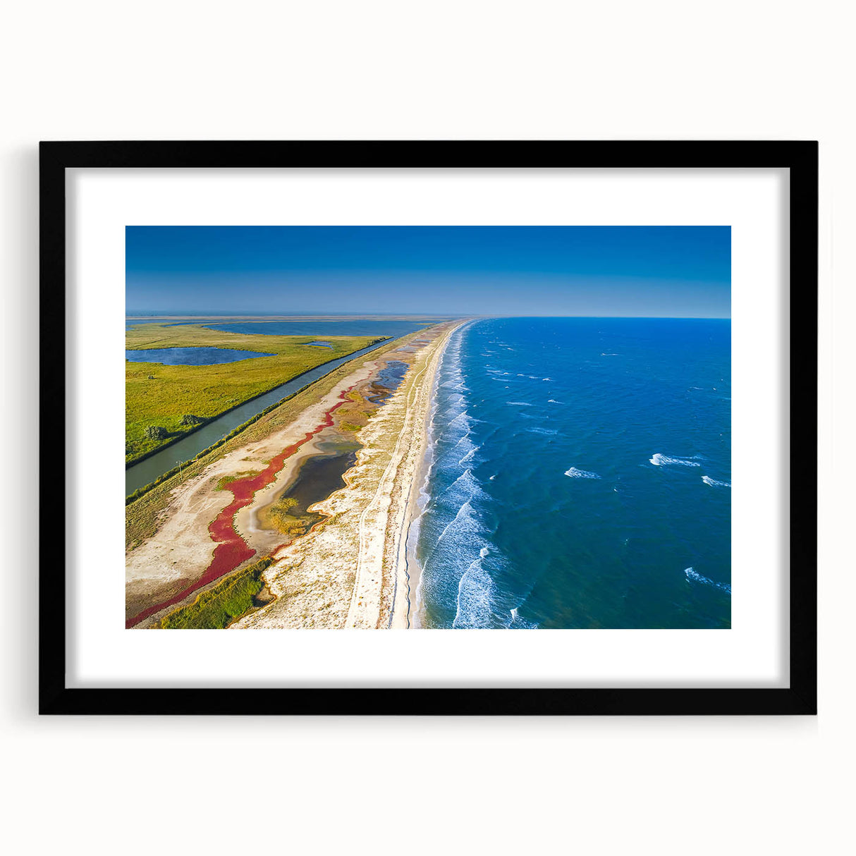 Abstract art print of a European Romanian scenery in muted earth tones, framed with a black mat.
