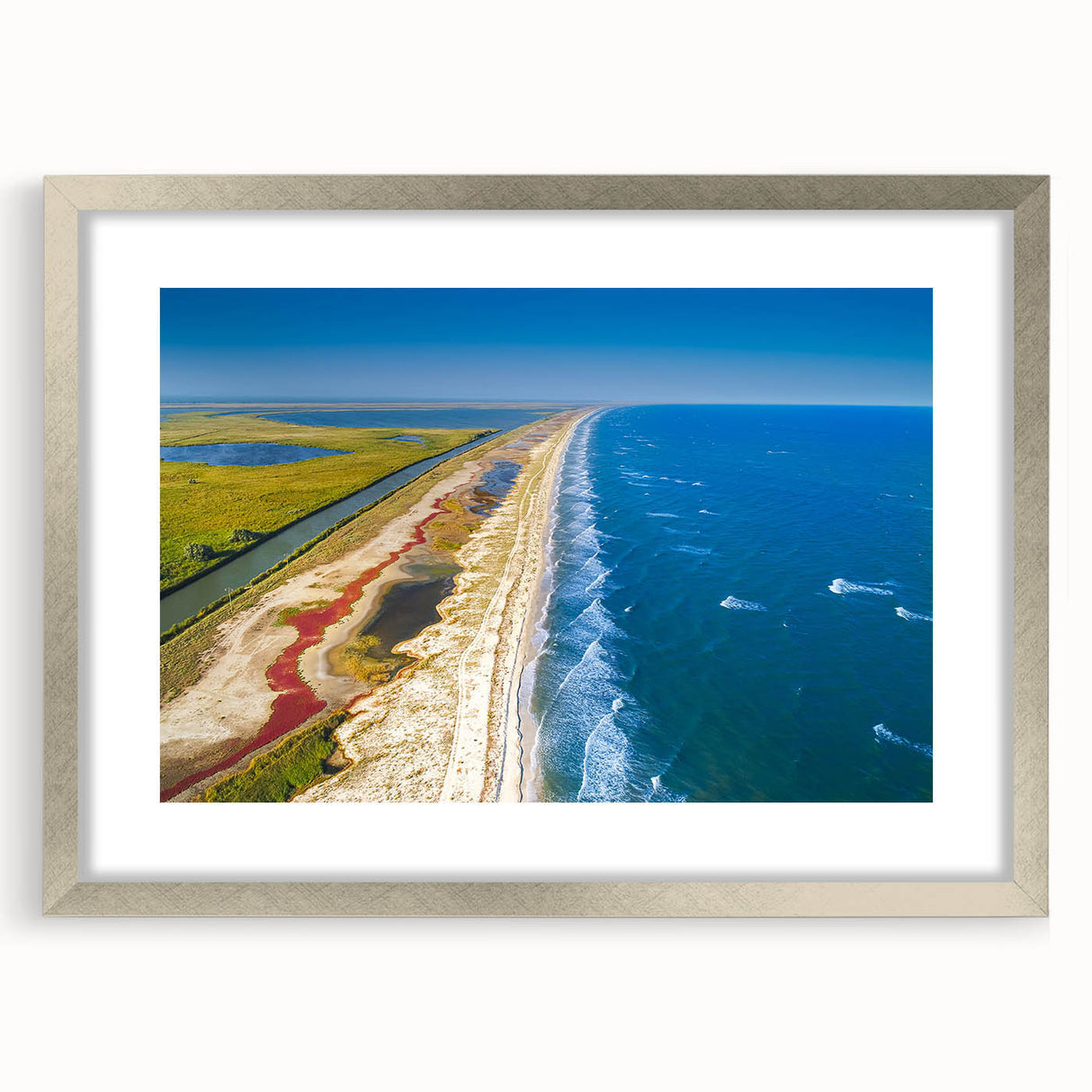Colorful abstract art print of a European scenery in Romania, with textured details on a large silver-framed canvas.