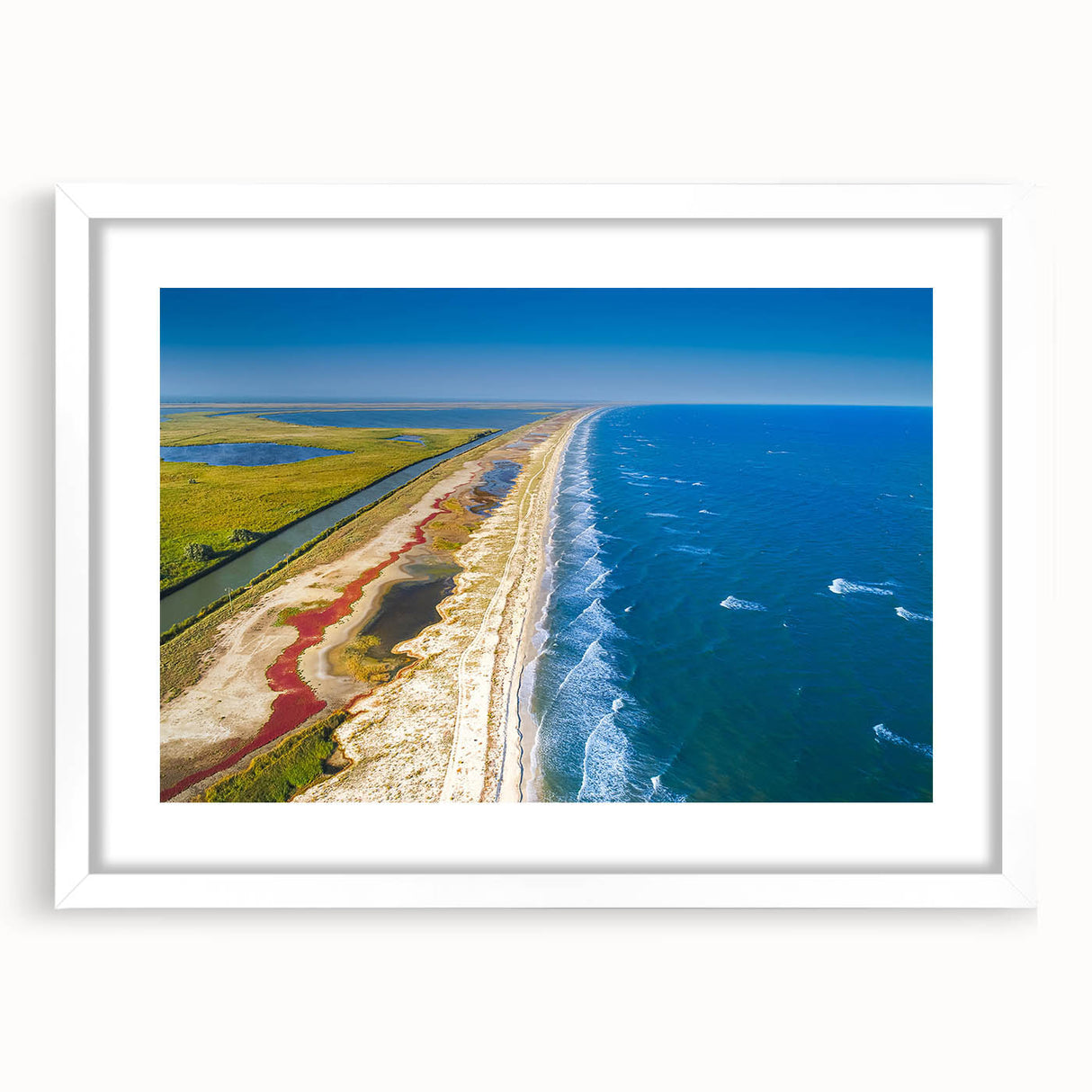 Extra large abstract art print of a textured European scenery in muted earth tones, framed with a white mat.