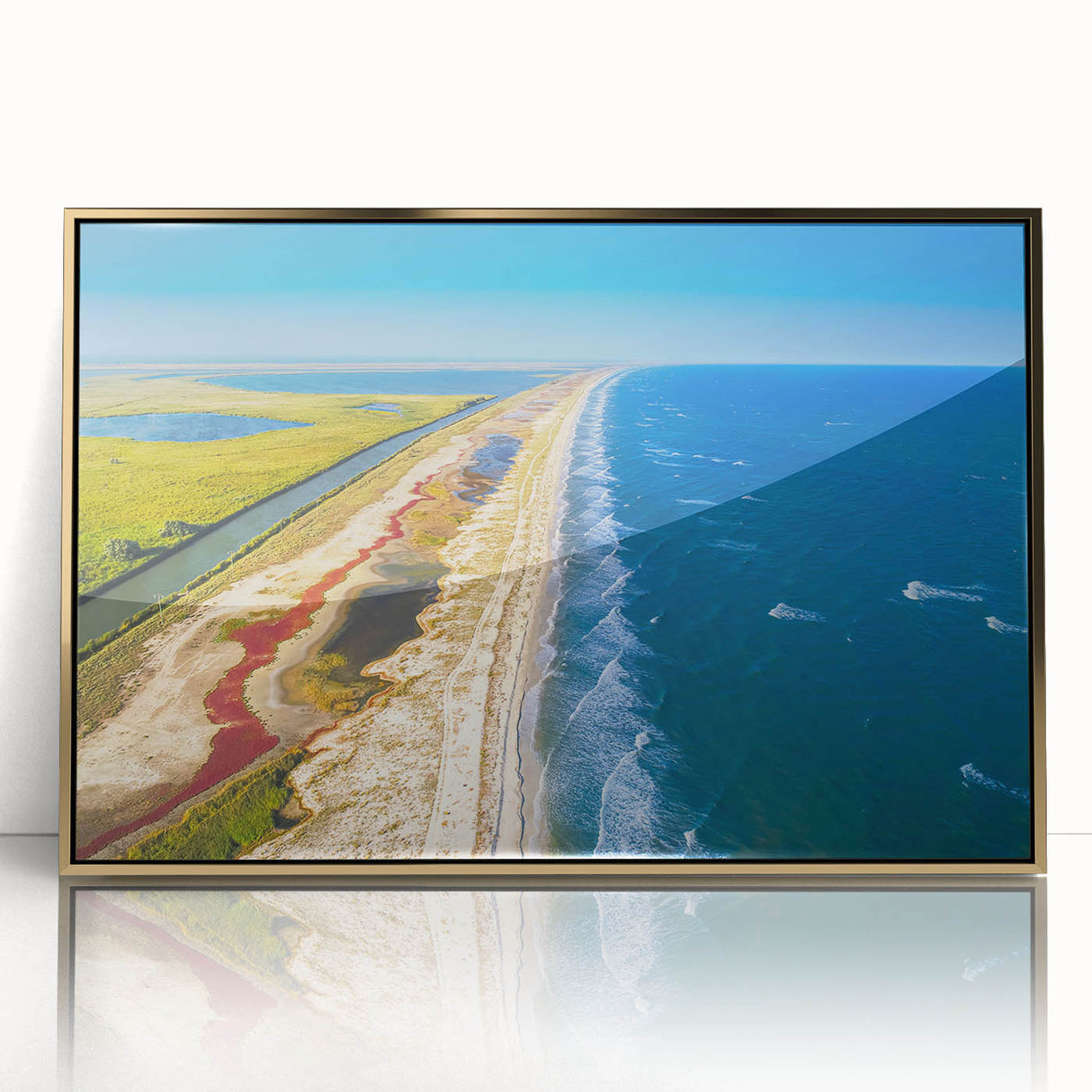 Art deco poster depicting a serene Romanian landscape in soft gold and green tones, acrylic print framed.