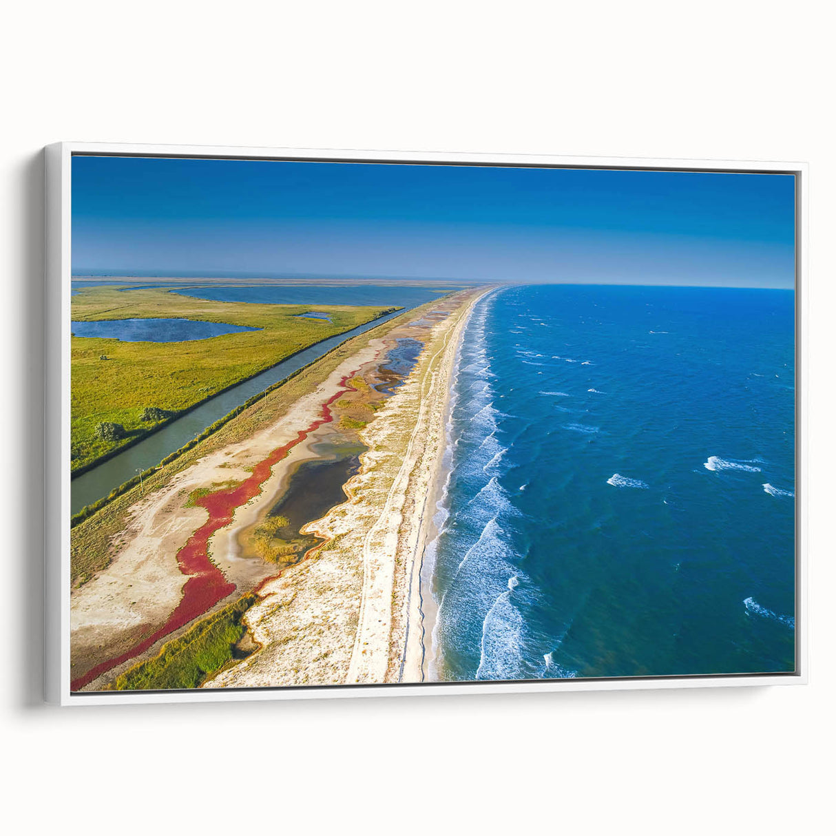 Vintage poster art of a Romanian landscape on framed canvas, featuring colorful imagery against a black background.