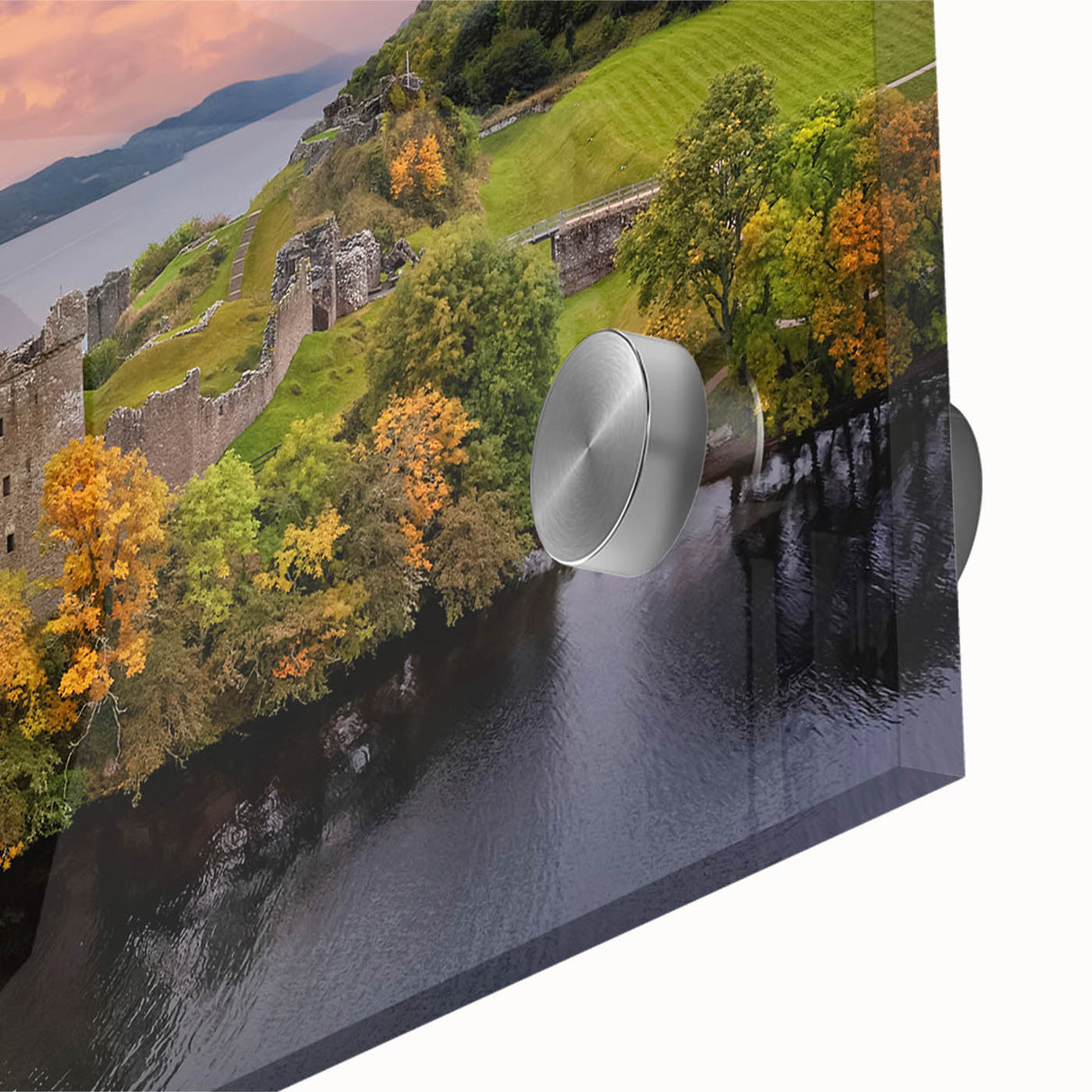 Large abstract wall art featuring a Scottish landscape in muted earth tones on acrylic glass, ideal for dining room ambiance.