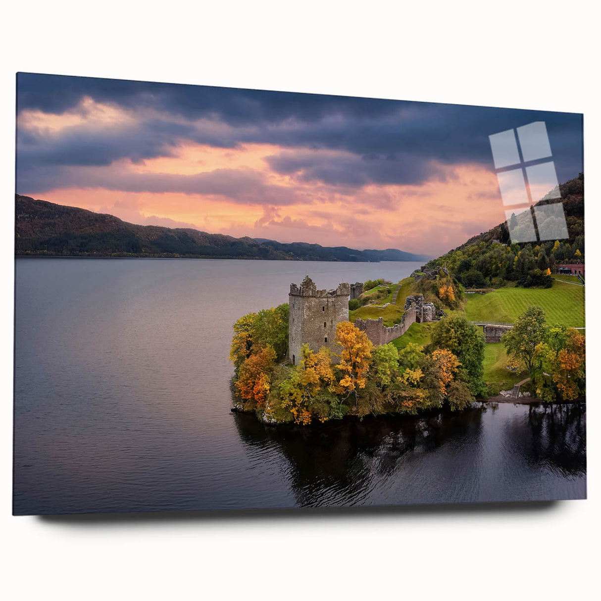 Acrylic print of a Scottish landscape in muted green and blue tones, ideal for bedroom or dining room art.