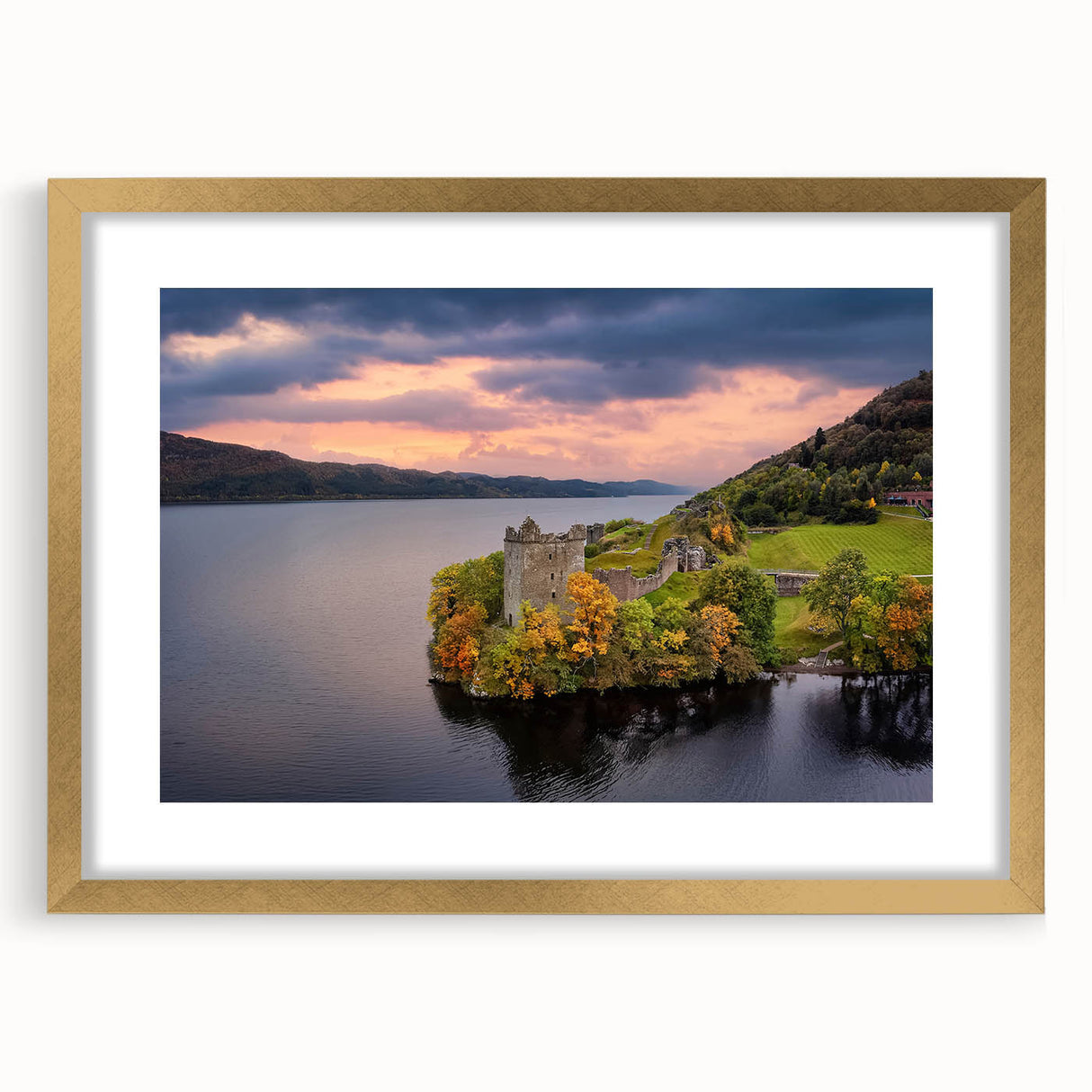 Abstract art print of a Scottish landscape in muted earth tones on a framed canvas, suitable for dining room decor.