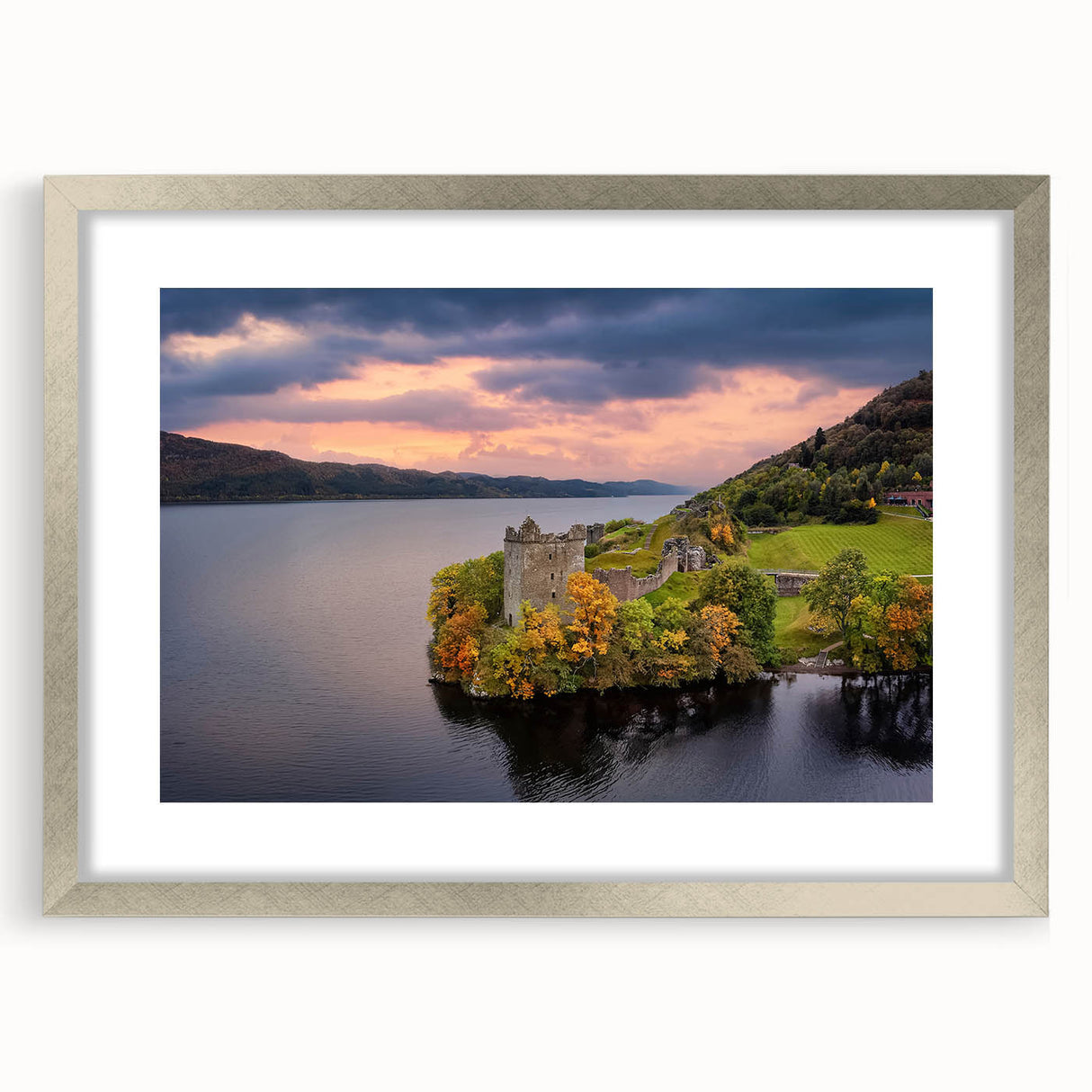 Extra large abstract art print of a European landscape in muted earth tones, framed in silver, ideal for living room decor.