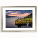 Extra large abstract art print of a European landscape in muted earth tones, framed in silver, ideal for living room decor.