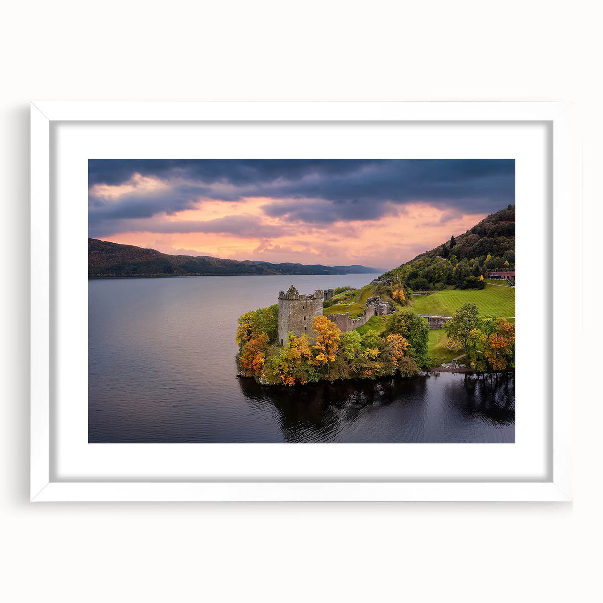 Textured abstract art print of a Scottish landscape in muted earth tones on a framed white mat, ideal for bedroom decor.