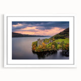 Textured abstract art print of a Scottish landscape in muted earth tones on a framed white mat, ideal for bedroom decor.